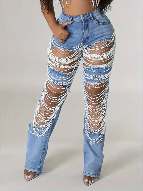Beaded jeans with large holes, women's chain bead chain pendant straight pants - Image 5