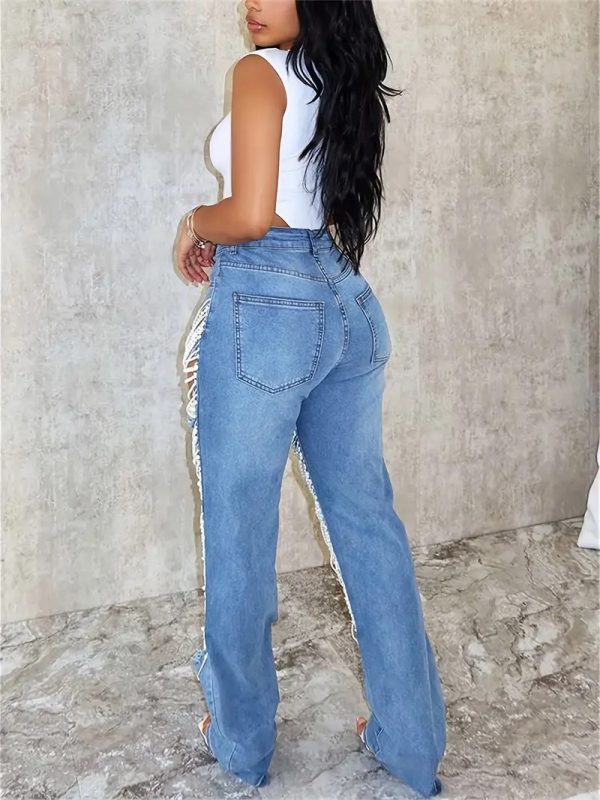 Beaded jeans with large holes, women's chain bead chain pendant straight pants - Image 3