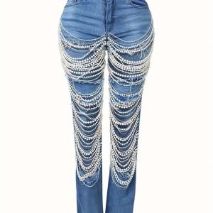 Beaded jeans with large holes, women's chain bead chain pendant straight pants