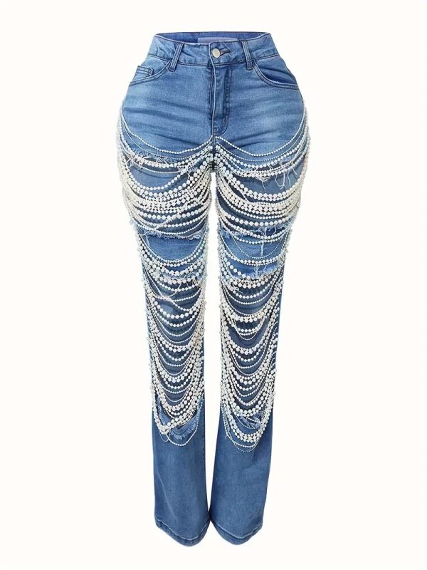 Beaded jeans with large holes, women's chain bead chain pendant straight pants