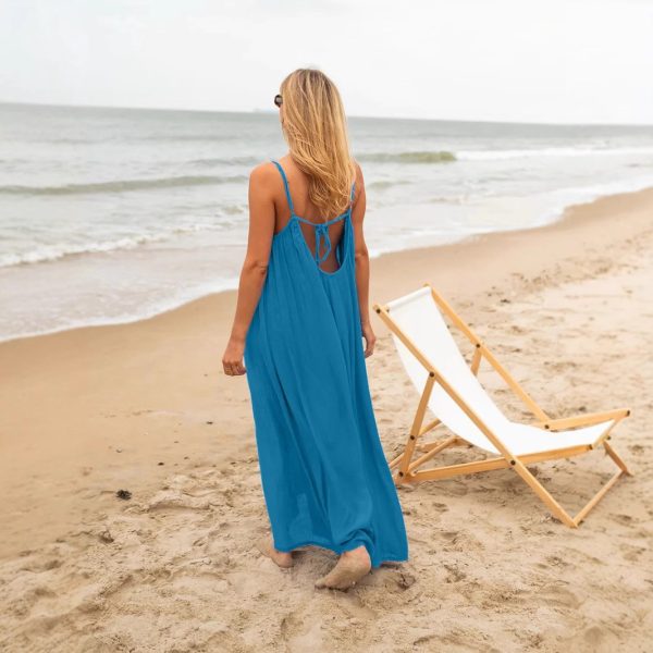 Plus size chic casual women's dresses, elegant temperament, versatile, comfortable, solid color backless tie holiday dress - Image 3