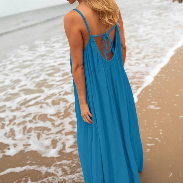 Plus size chic casual women's dresses, elegant temperament, versatile, comfortable, solid color backless tie holiday dress - Image 5