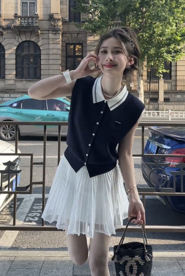 ZYY戛纳都市2025S/S新品夏季无袖POLO领针织衫女X2➕白色短裙 - Image 4