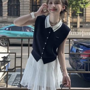 ZYY戛纳都市2025S/S新品夏季无袖POLO领针织衫女X2➕白色短裙